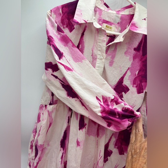 Maeve Anthropologie Pink Watercolor Tiered Midi Dress Medium Button Front Boho - Picture 4 of 8